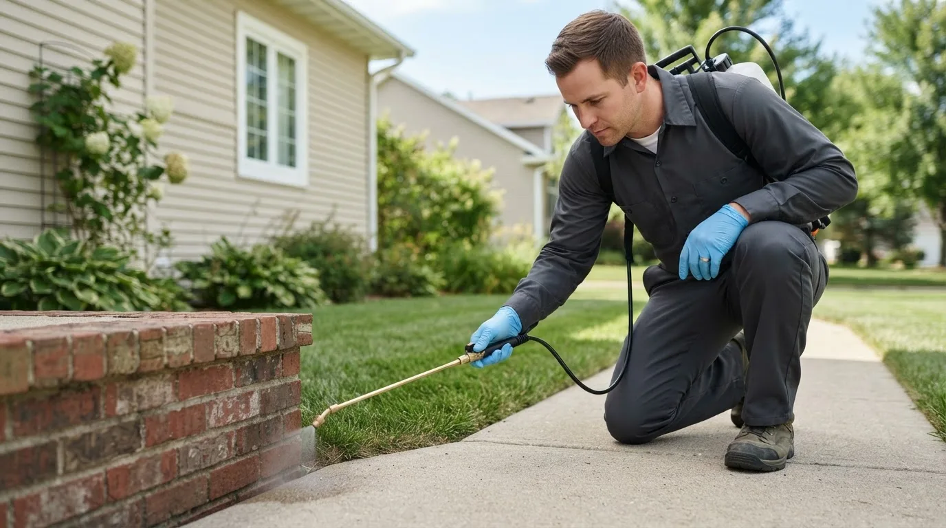 Pest control technician treating a home near Herron, MI