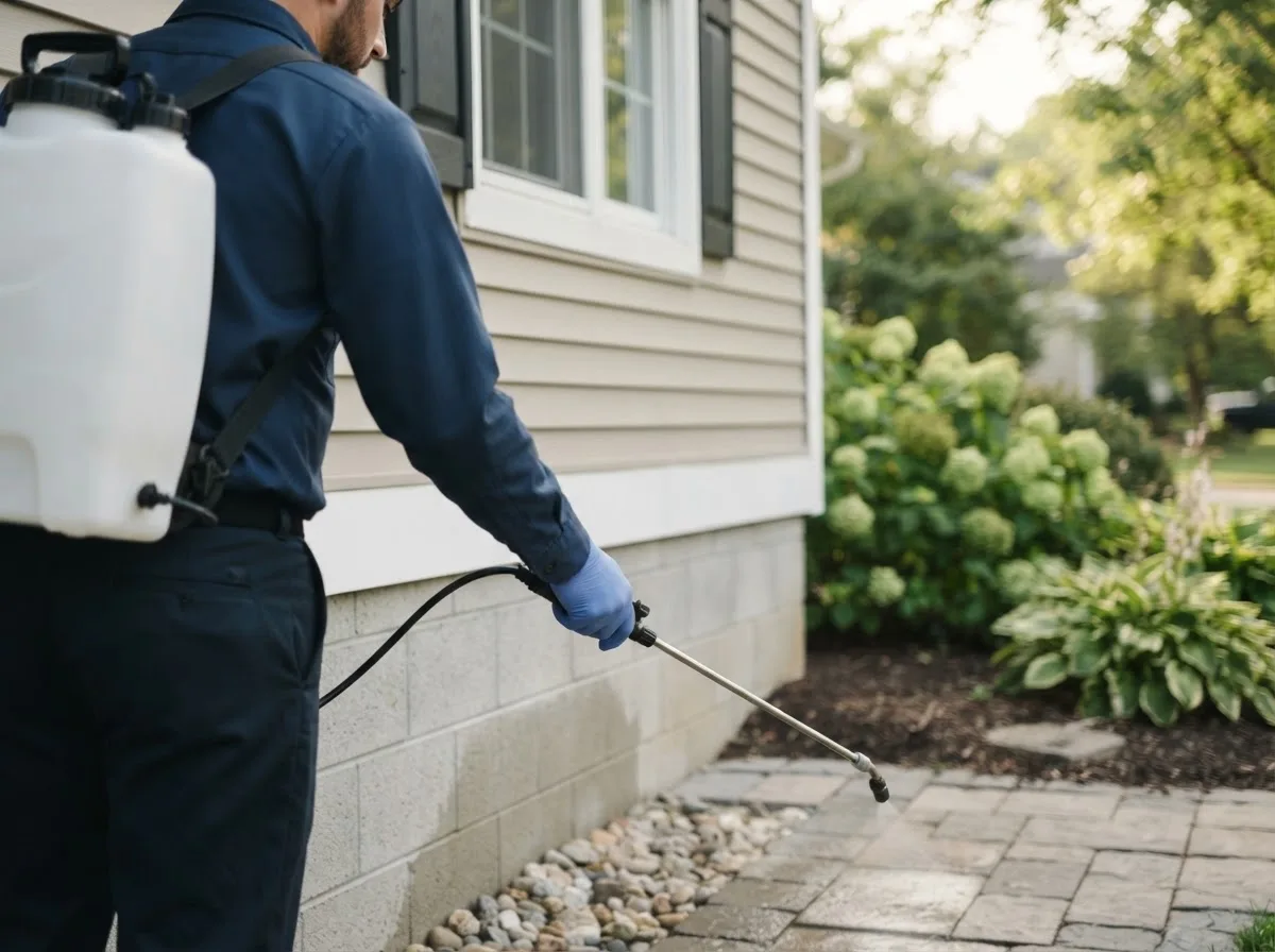 Pest control technician inspecting a home in Herron, MI